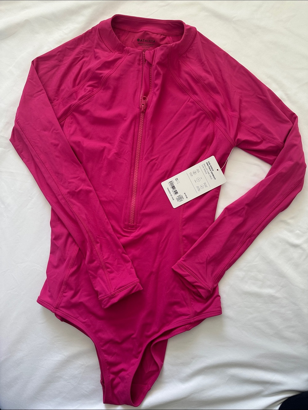 NWT Athleta Hot Pink Long Sleeve Sun Shield Zip Swimsuit sz S/T
